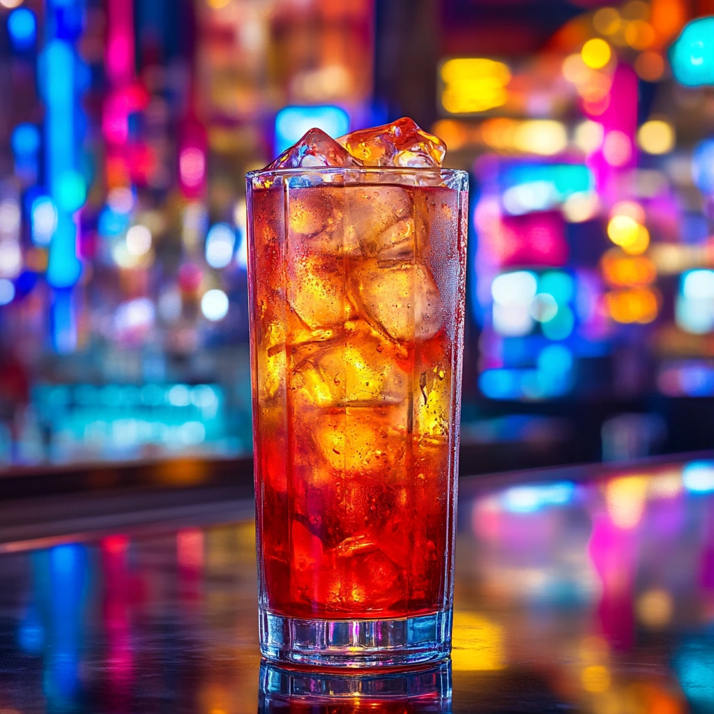 A vibrant Vegas Bomb cocktail in a highball glass with a festive Las Vegas-themed background featuring neon lights and dice.