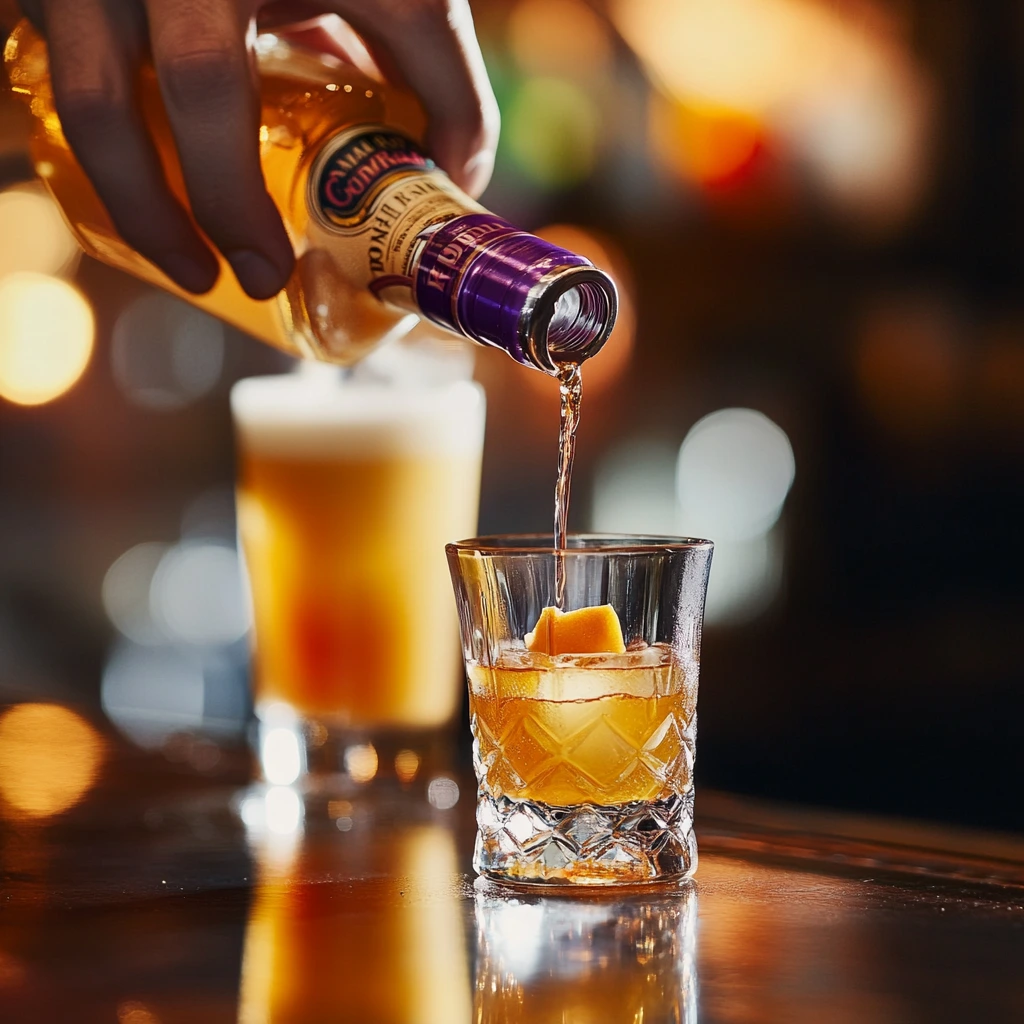 A bartender pouring whiskey and schnapps into a shot glass, preparing a Vegas Bomb cocktail.